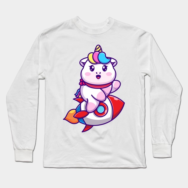 Cute unicorn riding rocket cartoon Long Sleeve T-Shirt by Wawadzgnstuff